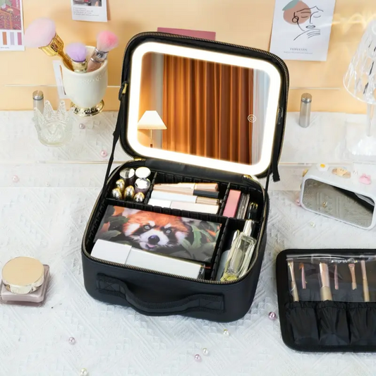 Cosmetiquera portátil de viaje con espejo y luz led