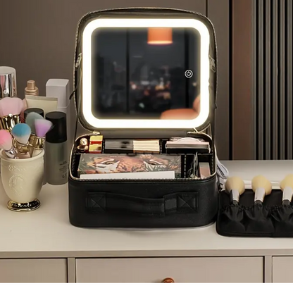 Cosmetiquera portátil de viaje con espejo y luz led